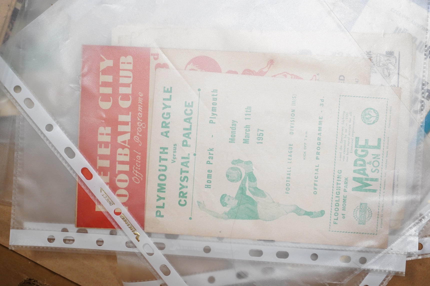 A collection of 1940s-70s football programmes, including Millwall, Fulham, Everton, Newcastle United, Crystal Palace, Leyton orient, Charlton Athletic, Brighton Hove Albion, Leicester City etc.